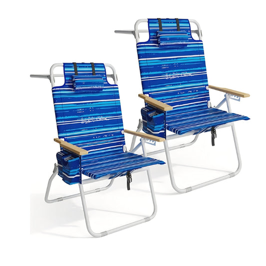 Tall Beach Chairs for Adults Backpack Beach Chair with Wooden Armrests Heavy Duty Chair, Striped