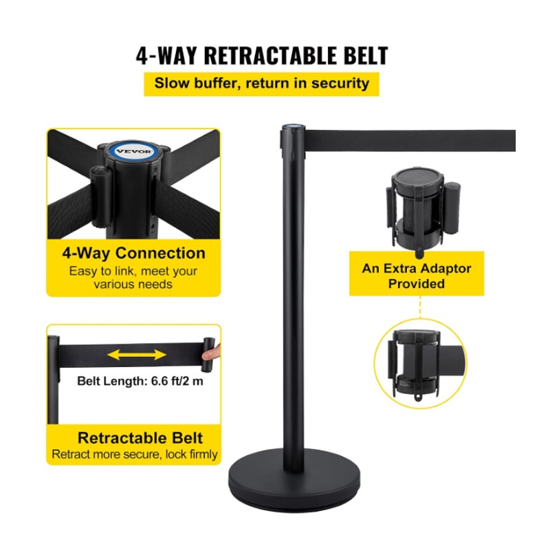 VEVOR Crowd Control Stanchion Set, Stanchion Set with 6.6 ft/2 m Black Retractable Belt