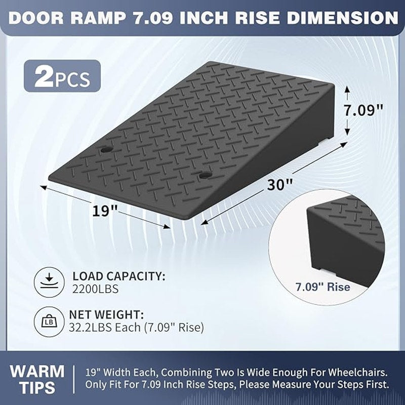 Rubber Threshold Ramp 7.09 Inch Rise, Wheelchair Door Ramp, Non-Slip Surface, 2PCS, 2200LBs Loading