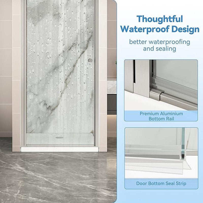 Pivot Shower Door,24-26" W x 72" H Frameless, 1/4" (6 mm) in Thick Clear Tempered Glass, Gold