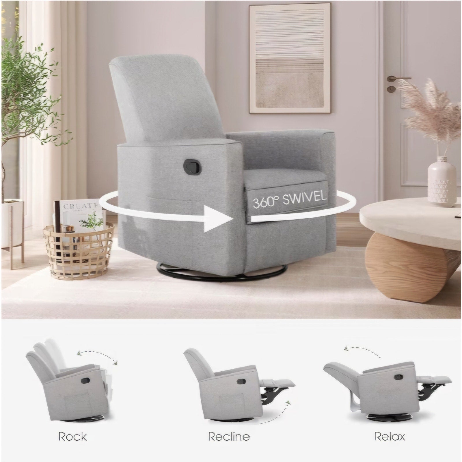 Evolur Raleigh Upholstered Manual Glider Recliner– Rocking & 360° Swivel with Smooth Glide