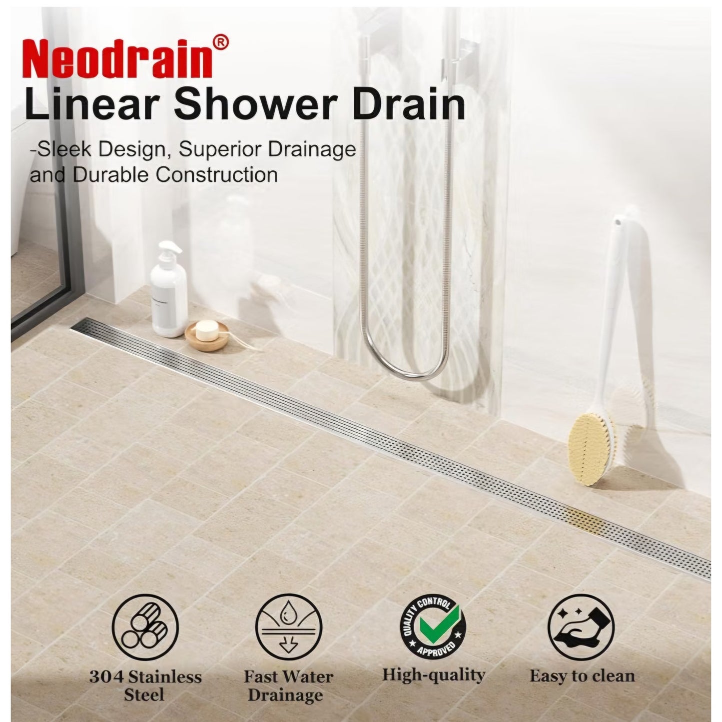 Neodrain 72" Linear Shower Drain, Brushed 304 SS Bathroom Linear Drain,cUPC
