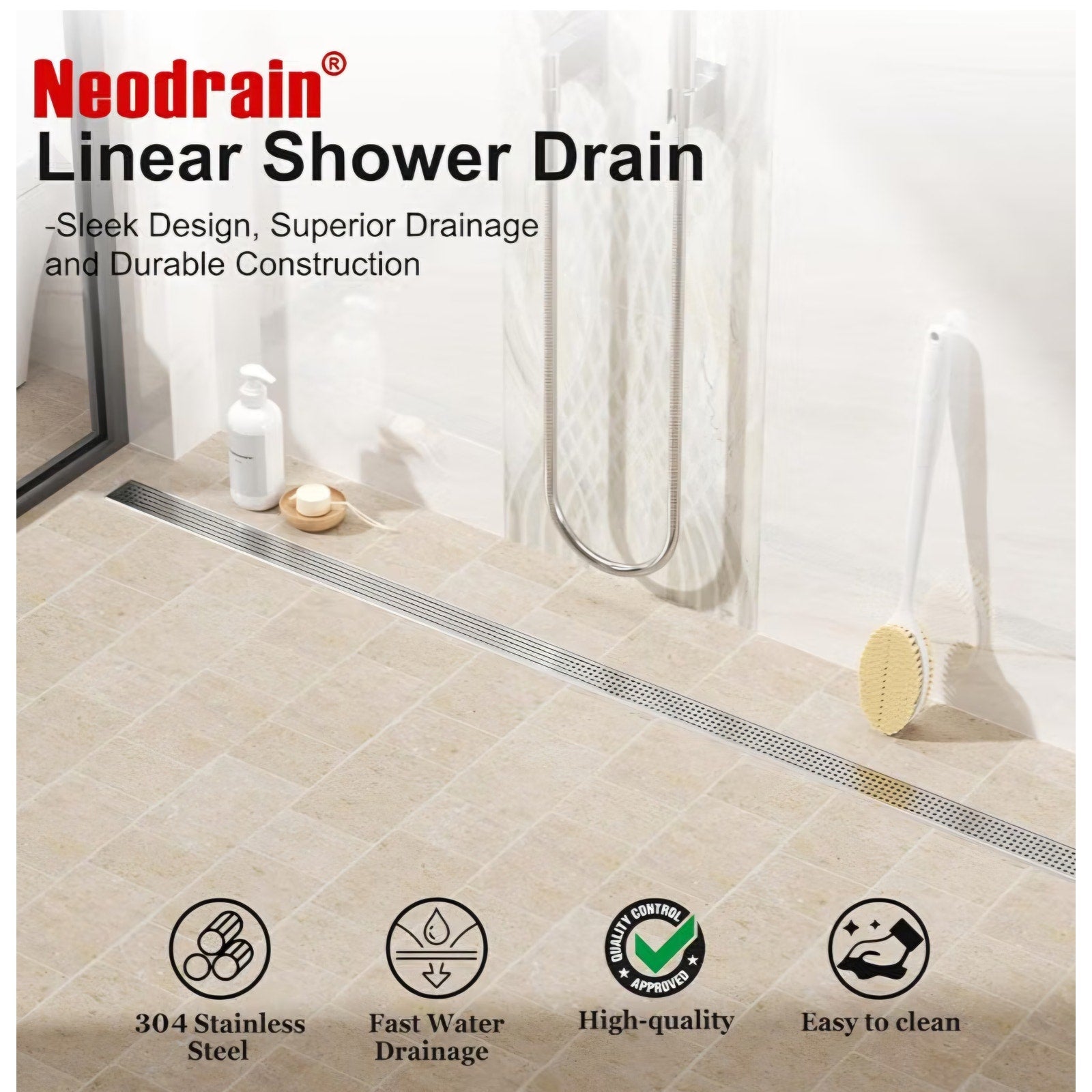 Neodrain 72" Linear Shower Drain, Brushed 304 SS Bathroom Linear Drain,cUPC