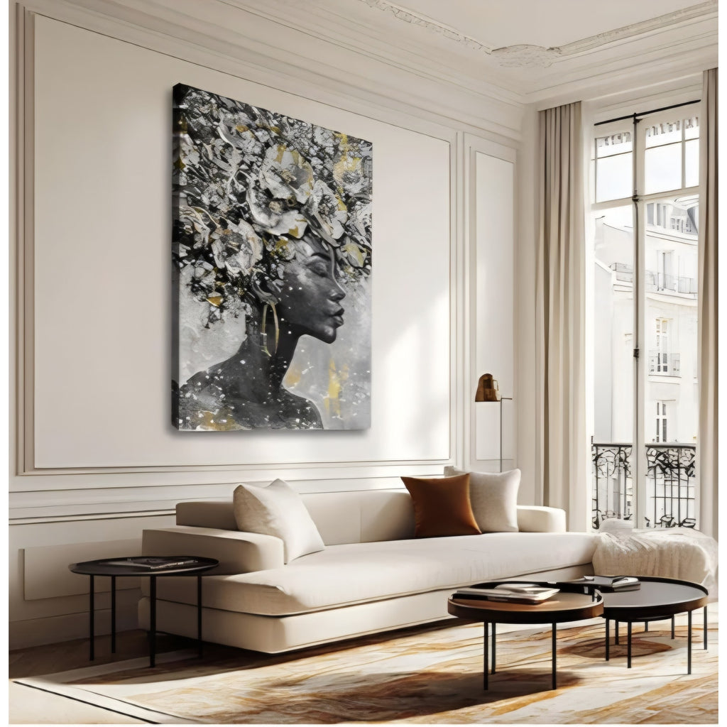 Large Gold Flowers Painting for Office African American Black Woman Portraits for Bedroom 40"x 60"
