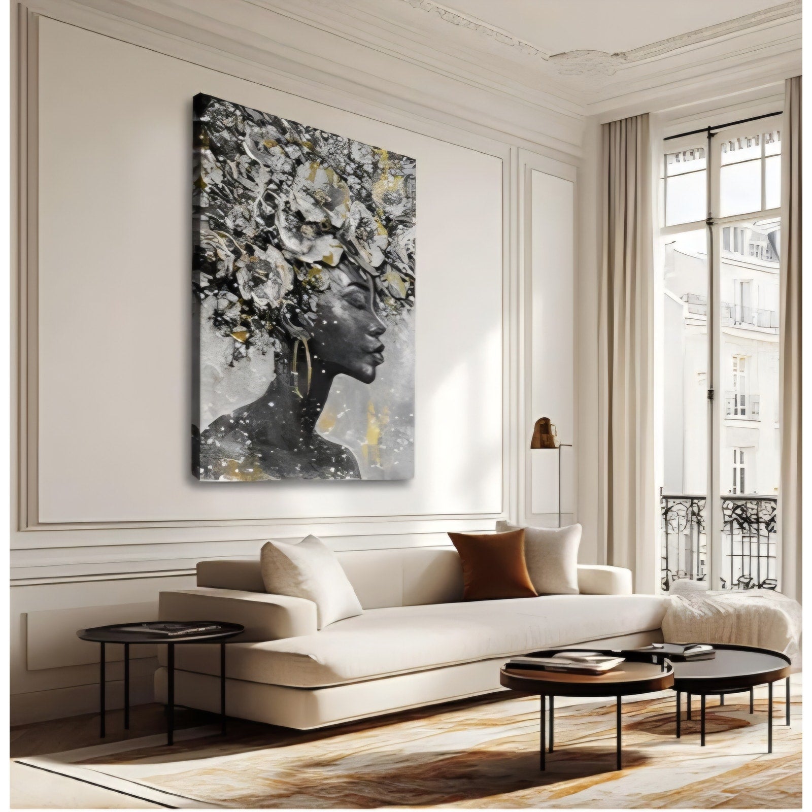 Large Gold Flowers Painting for Office African American Black Woman Portraits for Bedroom 40"x 60"