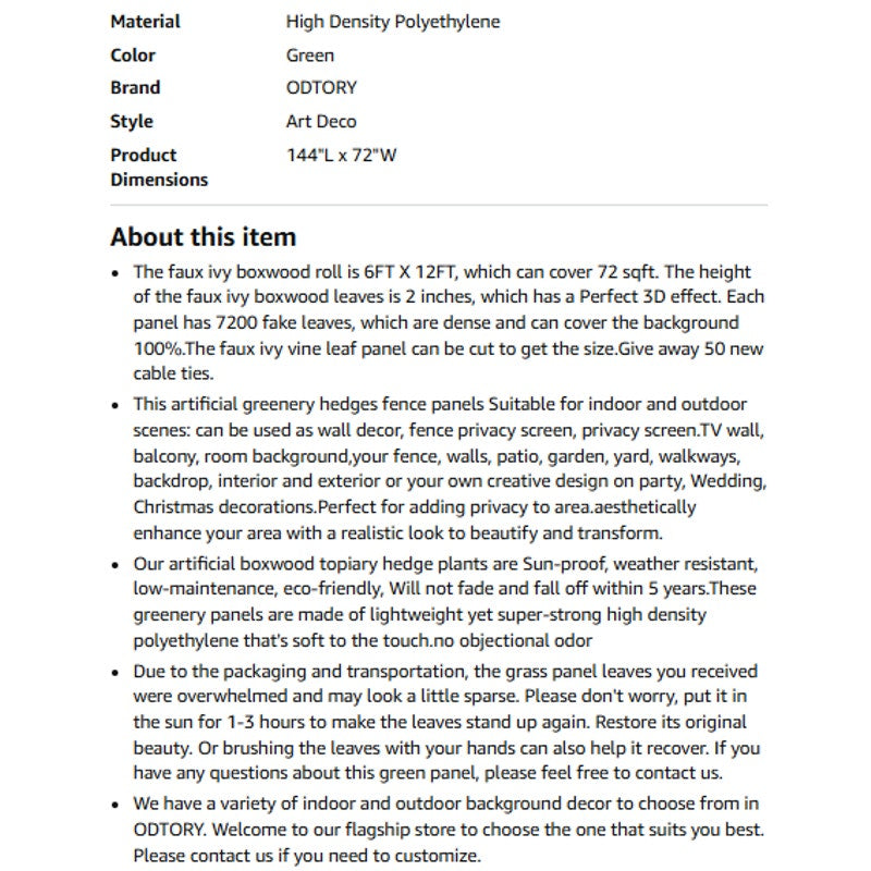 ODTORY Artificial Ivy Privacy Fence Wall Screen: 6FT X 12FT (72 sqft)