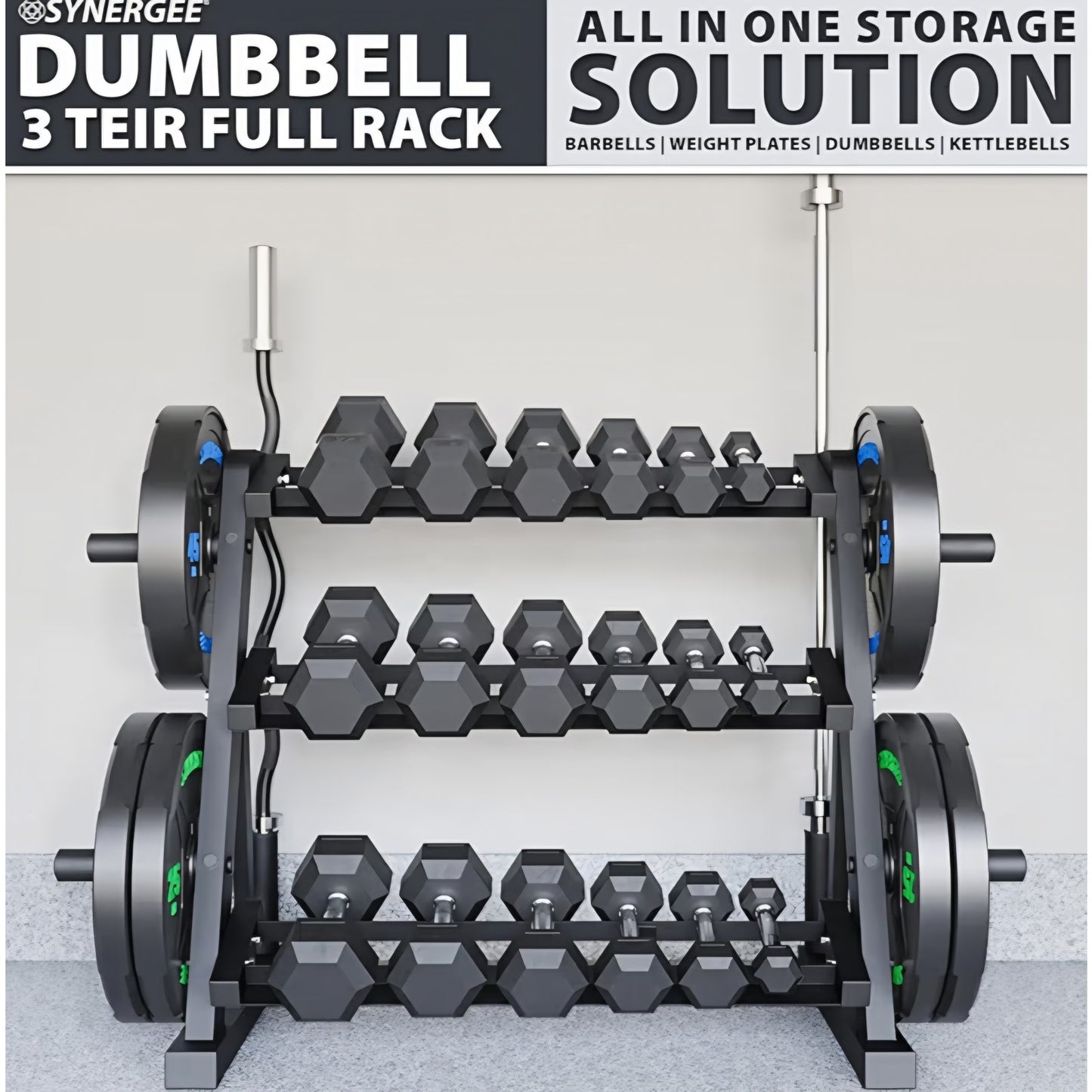 3-Tier Dumbbell Storage Rack with 2 Barbell Holders and 4 Weight Plate Pegs, Featuring 2-Tier Dumb