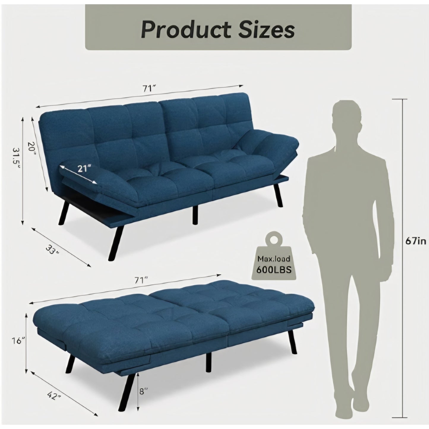 Convertible Futon Sofa Bed,Blue Linen Modern Futon Couch,Memory Foam Loveseat Sleeper Recliner