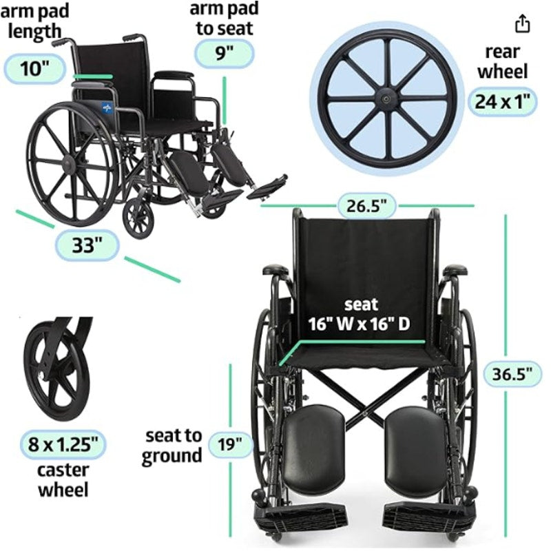 Medline Comfortable Folding Wheelchair with Swing-Back, Desk-Length Arms and Elevating Footrests