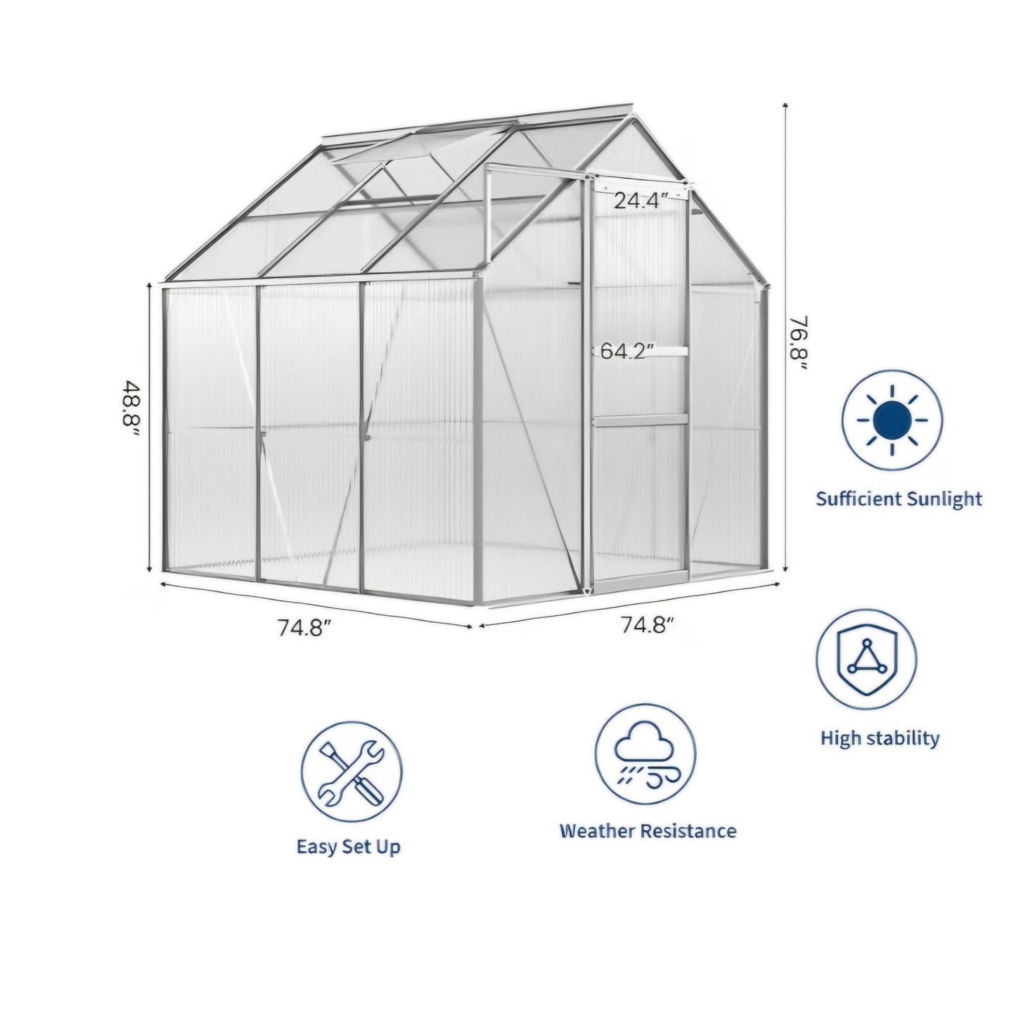 ONLY FRAME 6x6FT Greenhouse for Outdoors, Walk-in Polycarbonate Greenhouse with Sliding Door
