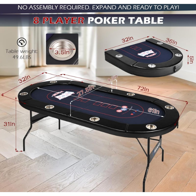 72" Foldable Poker Table for 8 Players, Texas Holdem