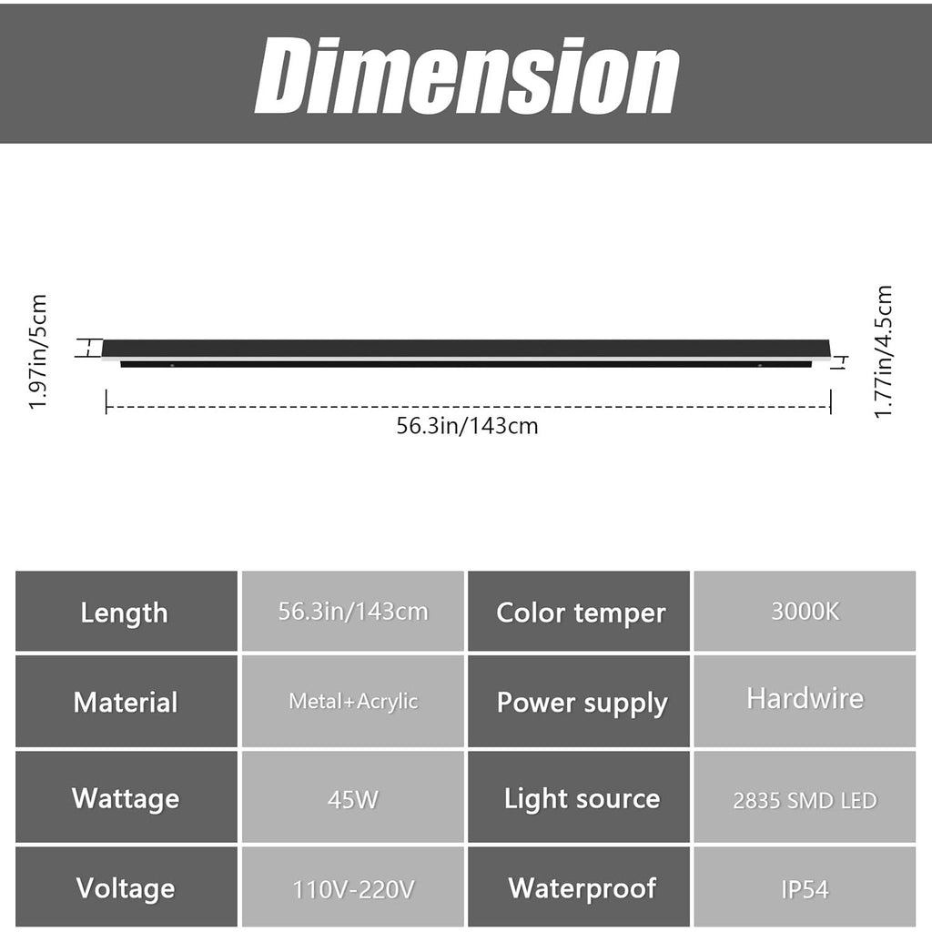 1 light 56.3inch Long Outdoor LED Wall Lights 45W Black 3000K WarmWhite Porch Lights Acrylic.