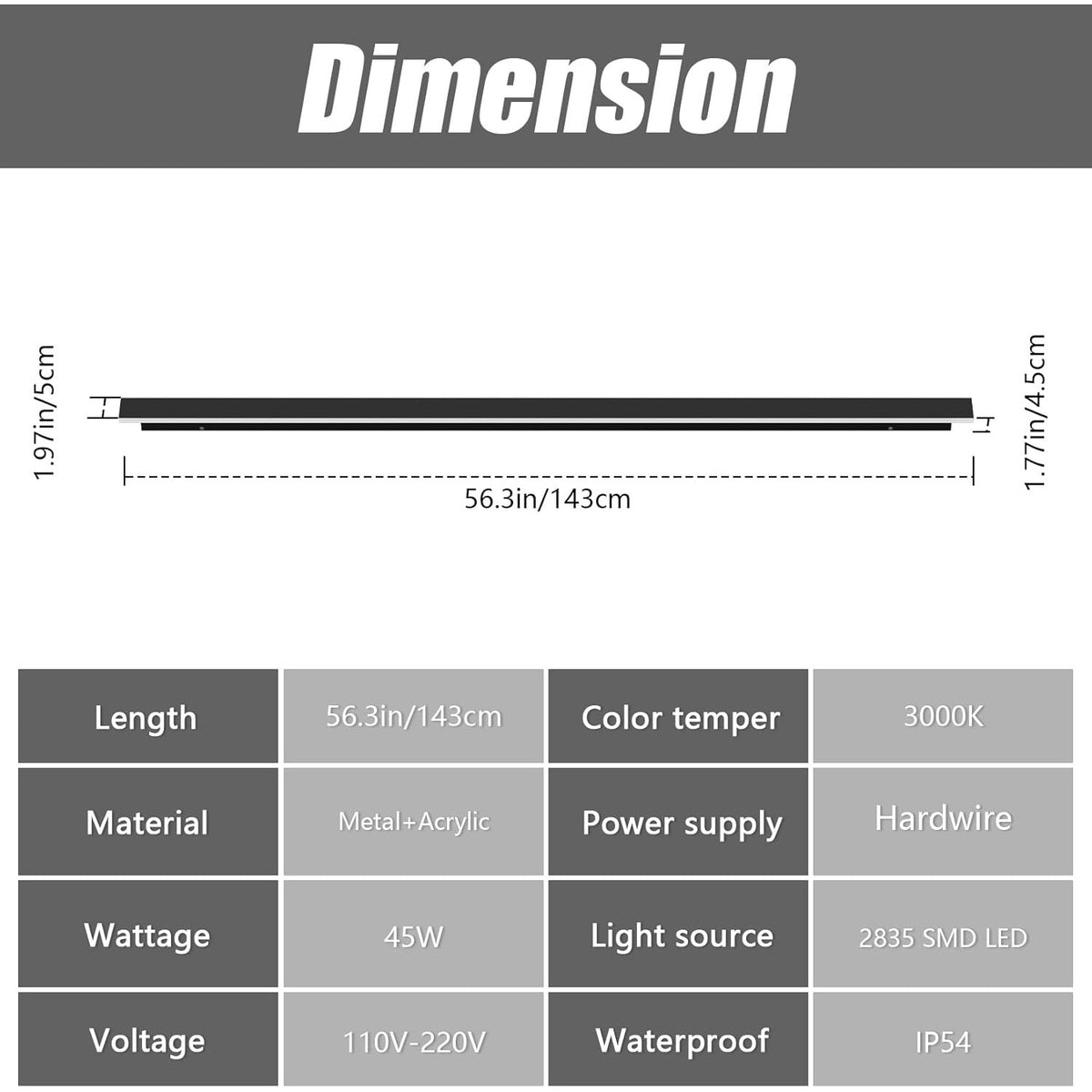 1 light 56.3inch Long Outdoor LED Wall Lights 45W Black 3000K WarmWhite Porch Lights Acrylic.