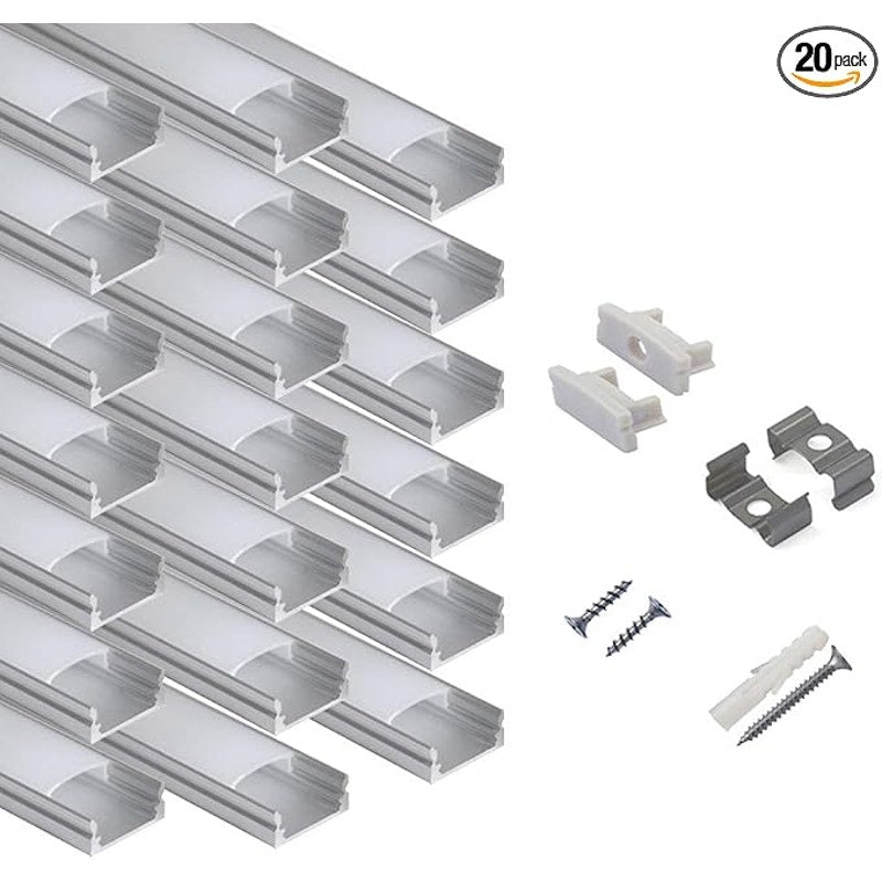 hunhun 20-Pack 6.6ft/ 2Meter U Shape LED Al. Channel System, Milky Cover, End Caps & Mounting Clips