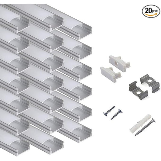 hunhun 20-Pack 6.6ft/ 2Meter U Shape LED Al. Channel System, Milky Cover, End Caps & Mounting Clips
