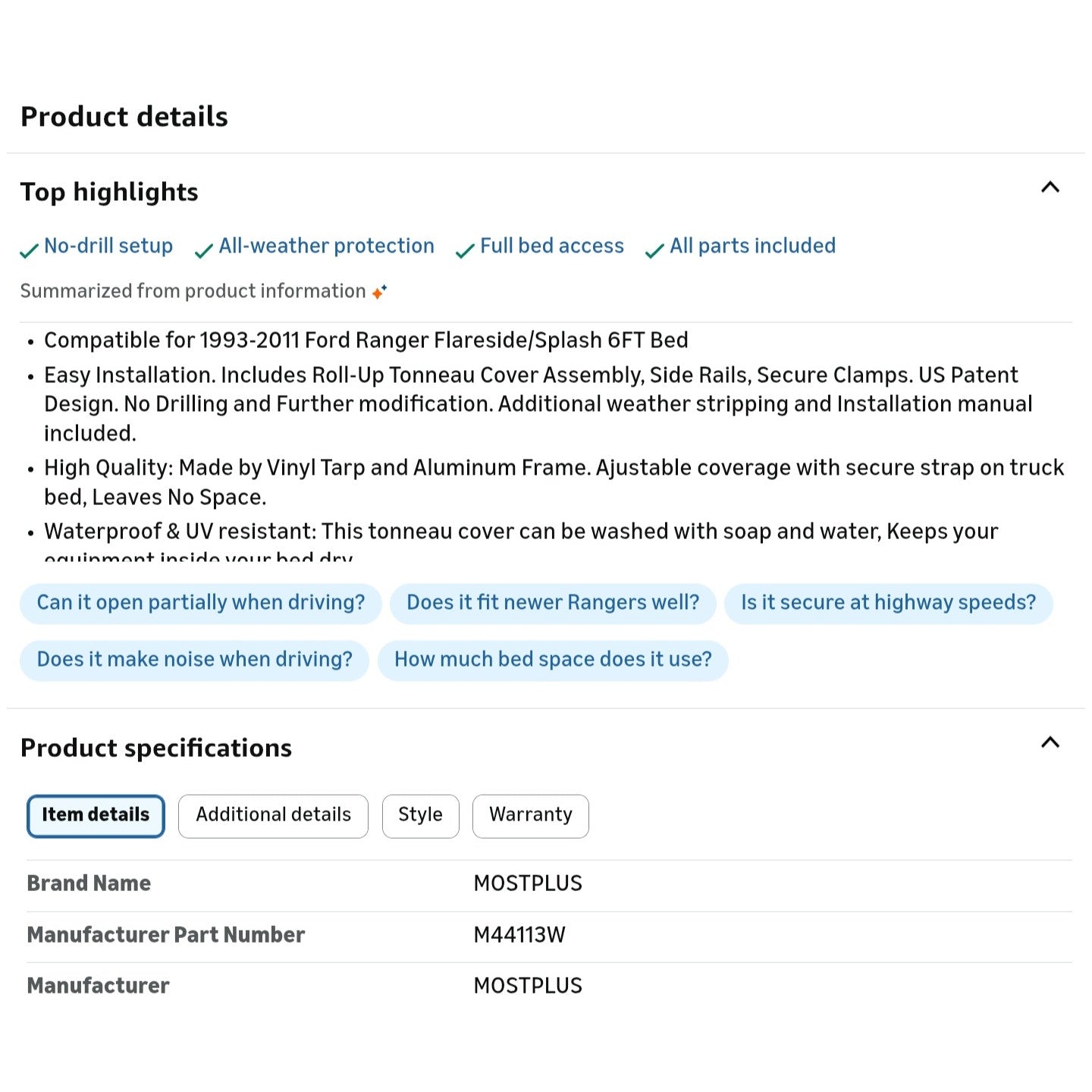 MOSTPLUS Roll-Up Soft Vinyl Truck Bed Tonneau Cover Compatible for 1993-2011 Ford Ranger