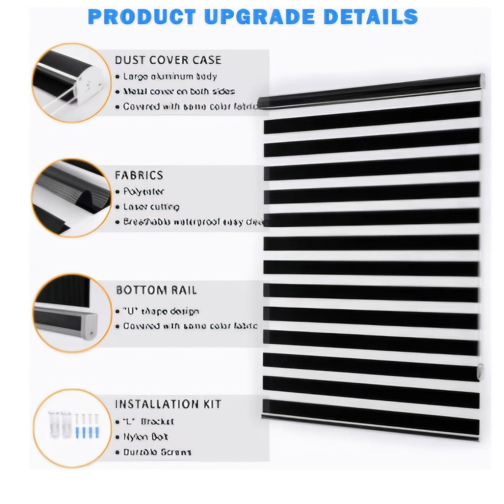 Blackout Zebra Blinds, Dual Layer Free-Stop (67" W X 72" H, Black)