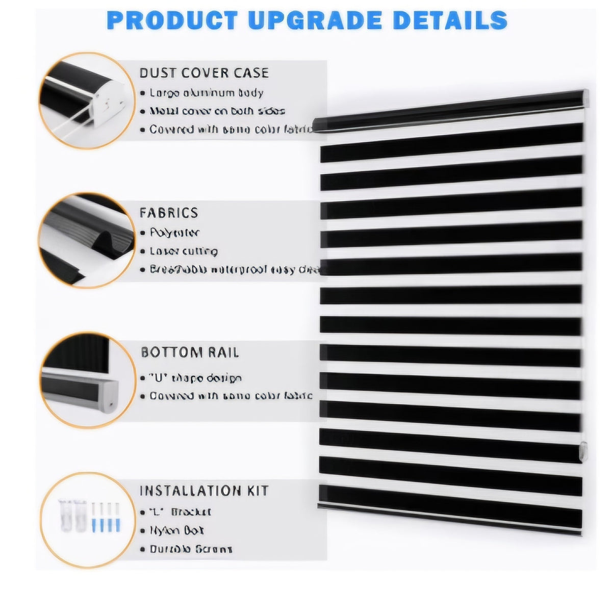Blackout Zebra Blinds, Dual Layer Free-Stop (67" W X 72" H, Black)