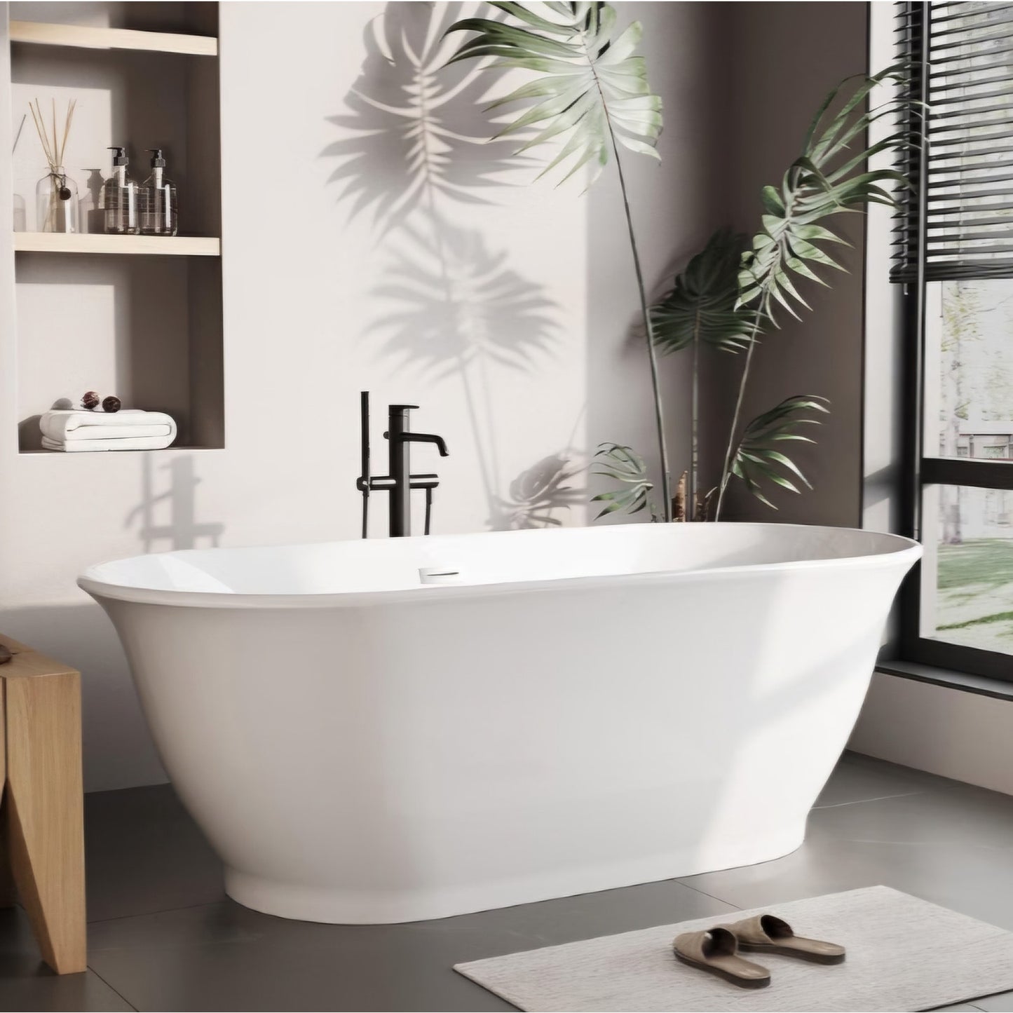 59 Inch Freestanding Bathtub, Luxury Oval-Shaped Acrylic Soaking Tub, Modern Stand