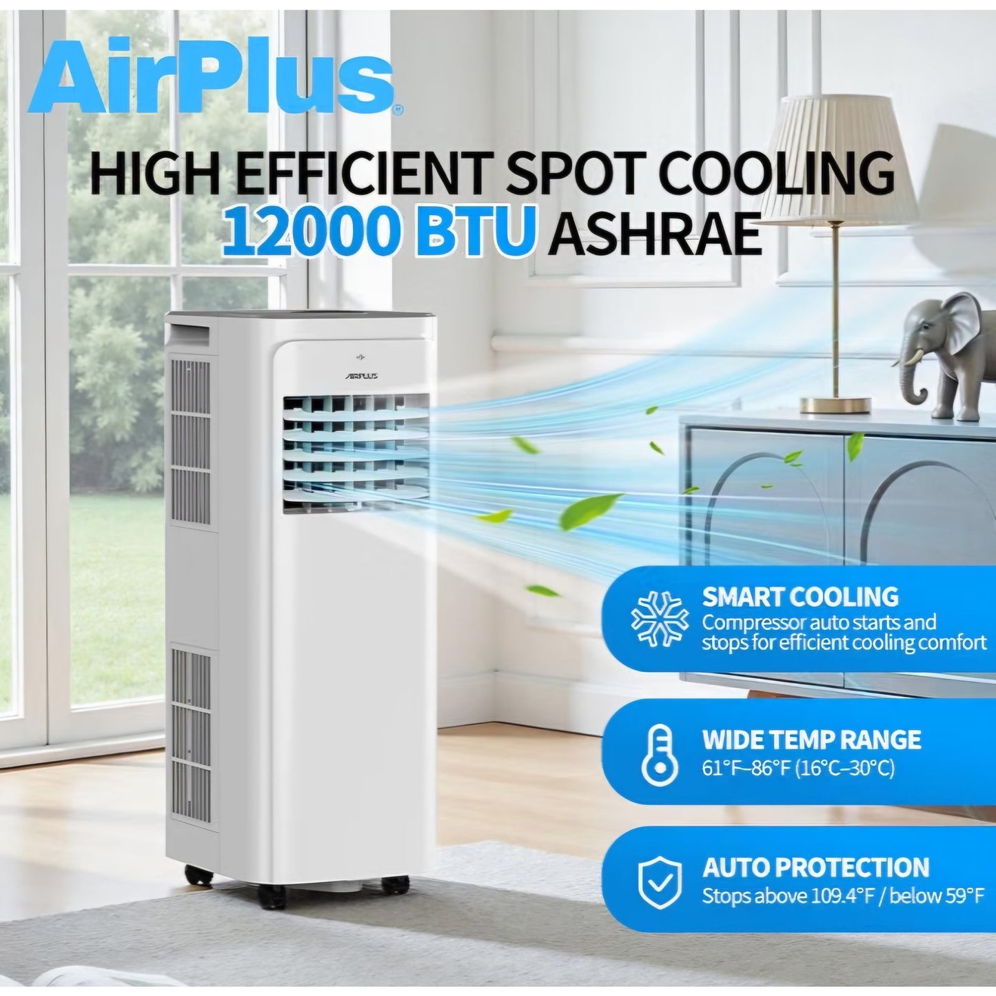 AIRPLUS 2026 Upgraded Portable Air Conditioner 12000 BTU with Heat, 4-in-1 AC Unit, Cooling