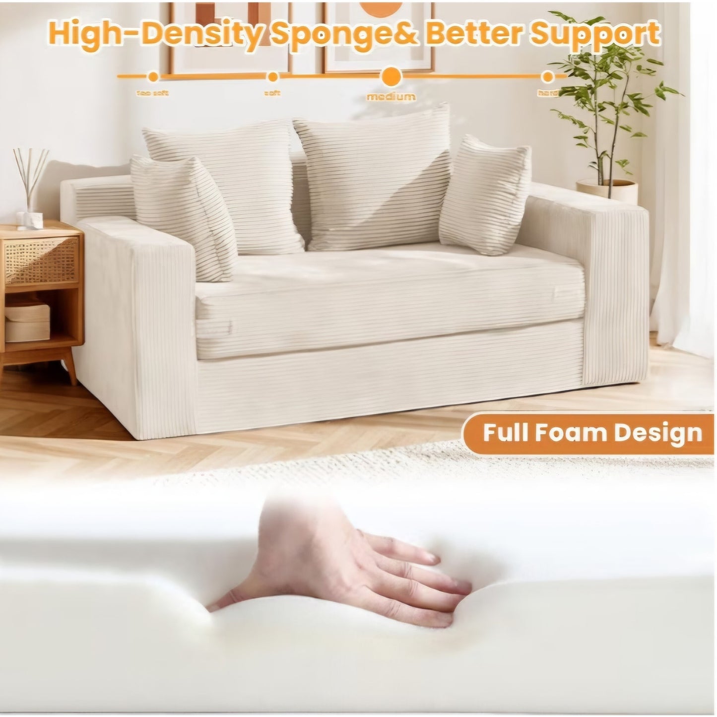 Boneless Loveseat Sleeper Sofa Bed, 3-in-1 Convertible Sofa Bed and Futon Couch with 4 Pillows