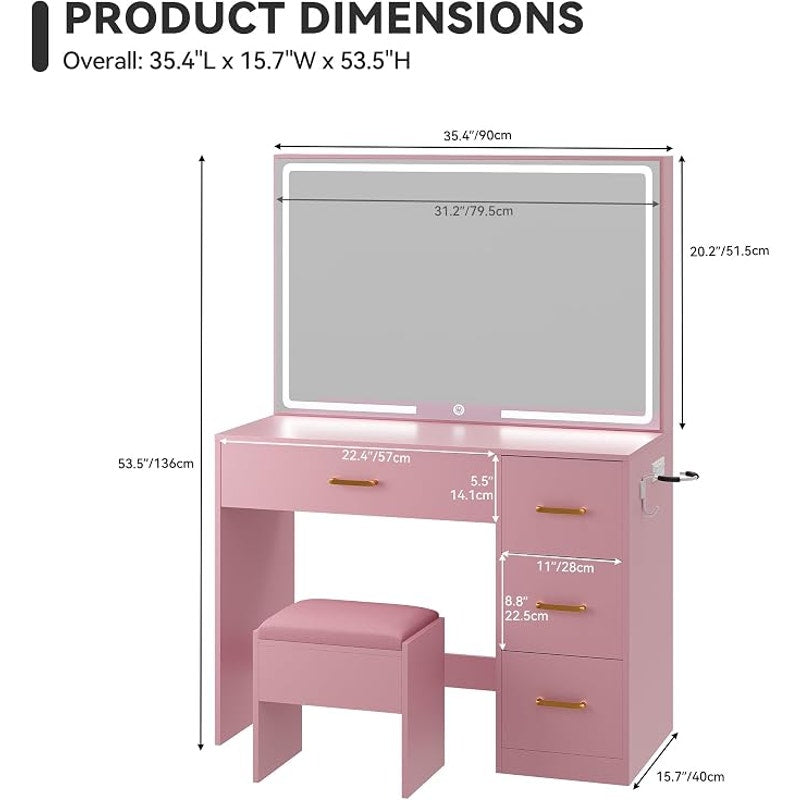 YITAHOME Makeup Vanity Desk, LED Lights: 35" Large Mirror, Power Outlets, 4 Drawers & Stool, Pink