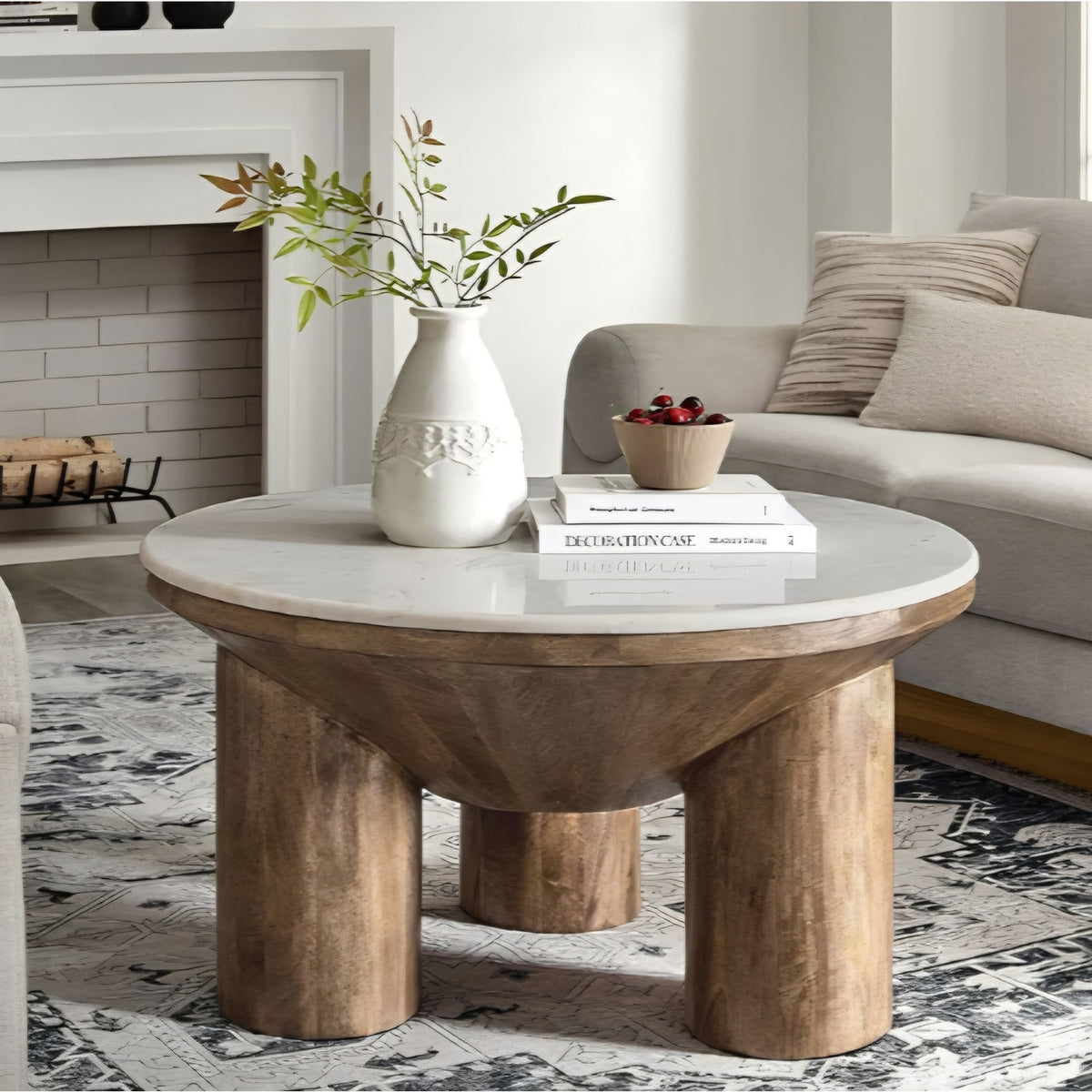 Ellison 33 Inch Round Mango Wood Coffee Table in Walnut with Marble Top