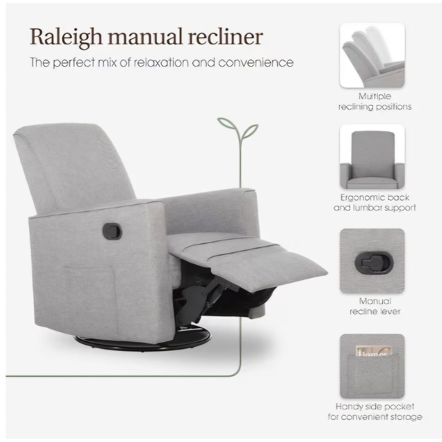Evolur Raleigh Upholstered Manual Glider Recliner– Rocking & 360° Swivel with Smooth Glide