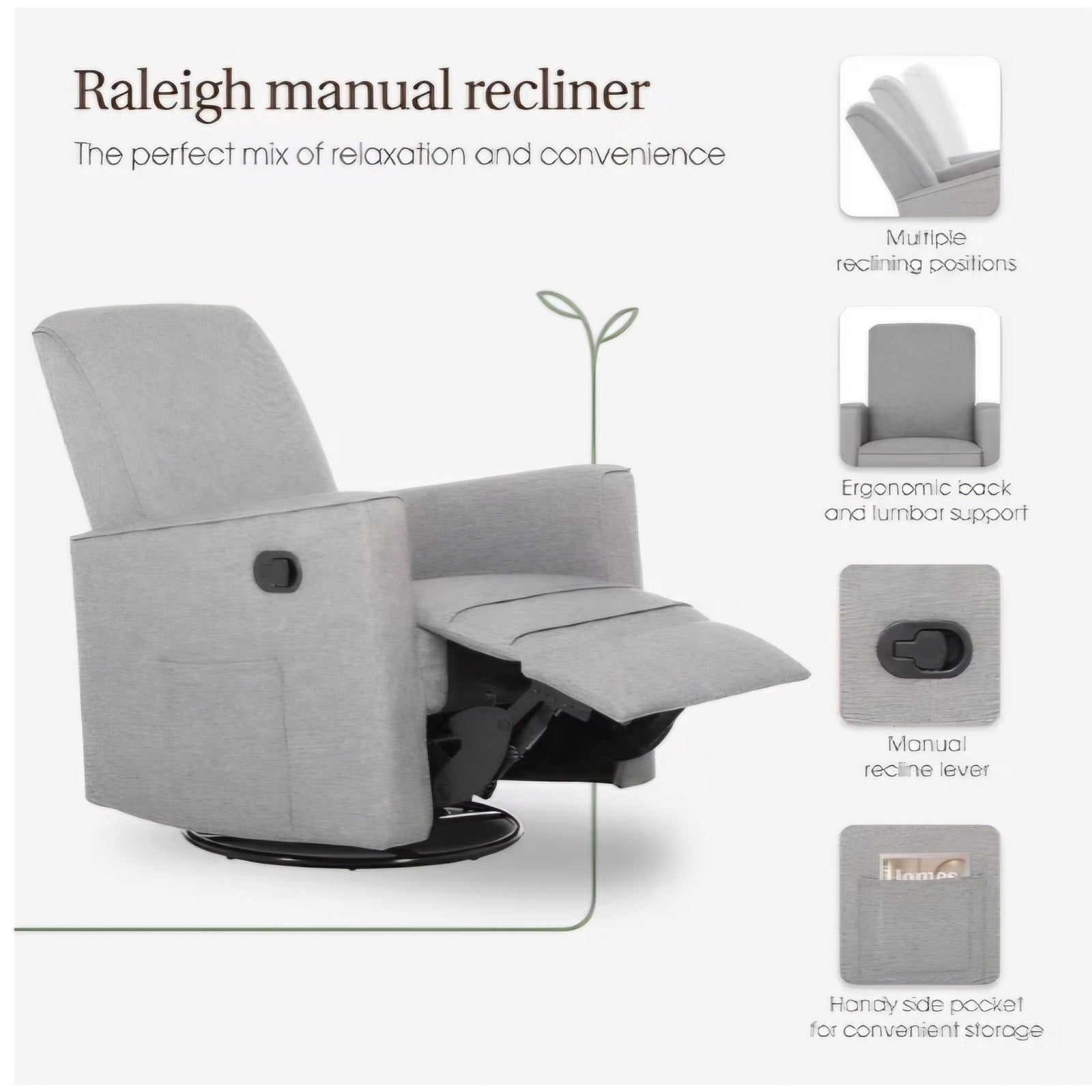 Evolur Raleigh Upholstered Manual Glider Recliner– Rocking & 360° Swivel with Smooth Glide