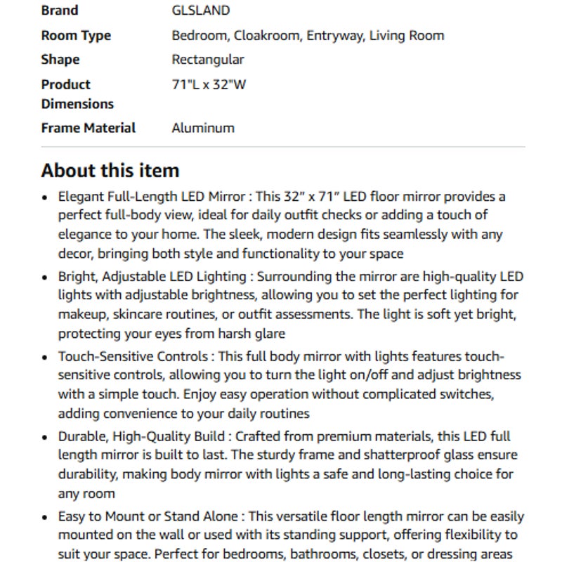 LED Full Length Mirror 71x32 inch Oversized Body Mirrors with Lights
