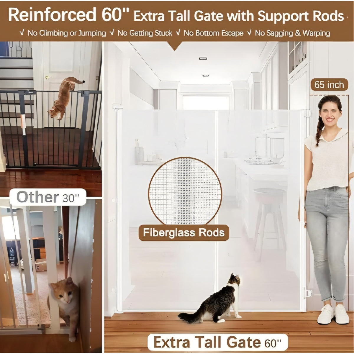 Retractable Dog Gate with Support Rods, Indoor/Outdoor 72x55