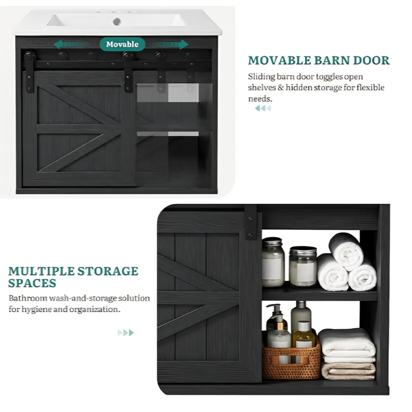 24" LED Bathroom Vanity with Sink, Farmhouse Sliding Barn Door Bathroom Cabinet