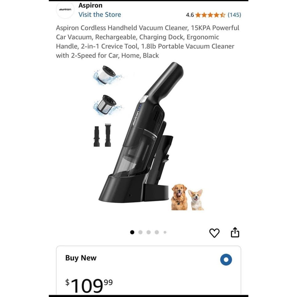 Aspiron Cordless Handheld Vacuum Cleaner, 15KPA Powerful Car Vacuum, Rechargeable, Charging Dock, Er