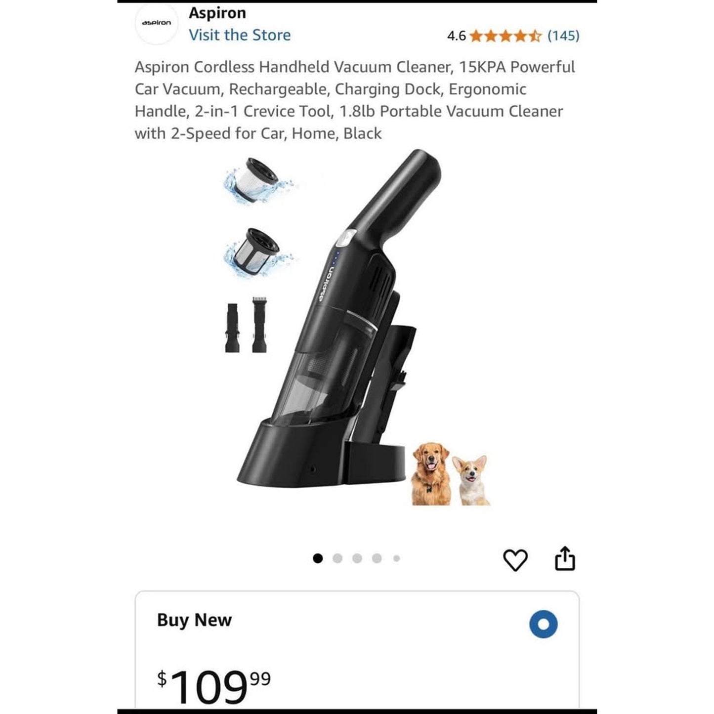 Aspiron Cordless Handheld Vacuum Cleaner, 15KPA Powerful Car Vacuum, Rechargeable, Charging Dock, Er