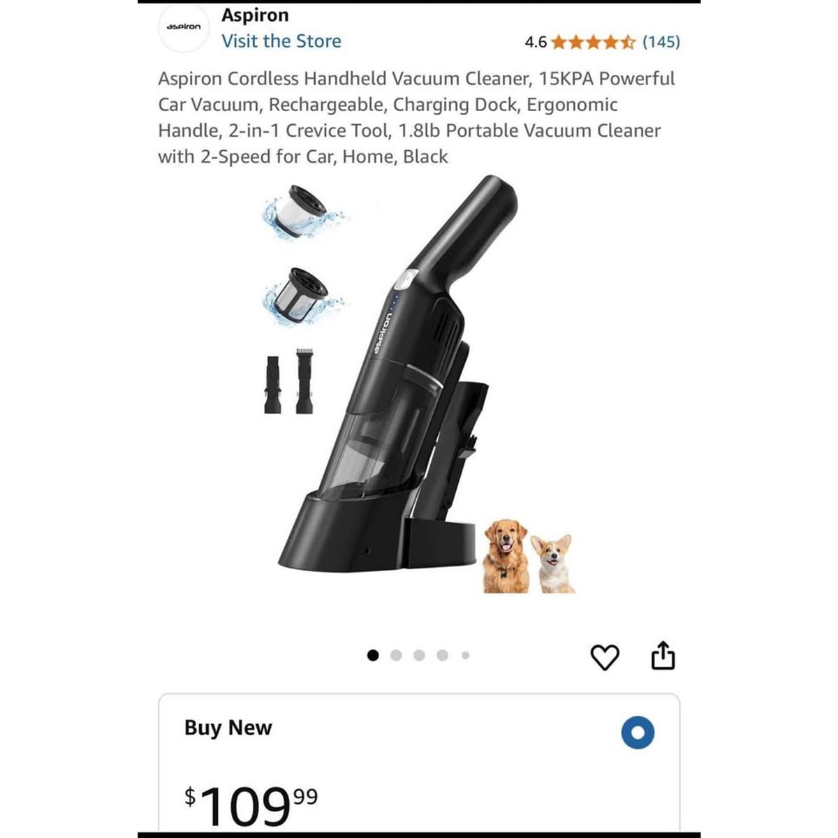 Aspiron Cordless Handheld Vacuum Cleaner, 15KPA Powerful Car Vacuum, Rechargeable, Charging Dock, Er