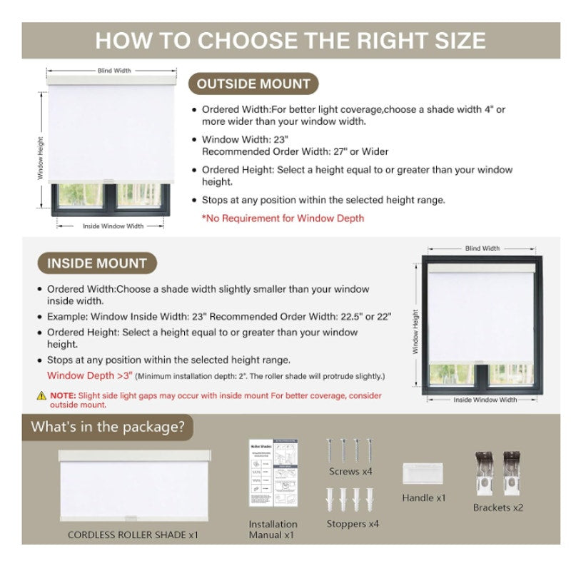 SUNOFF Cordless Blackout Roller Shades Blinds for Windows,34"W x 72"H,White Black Out Fabric