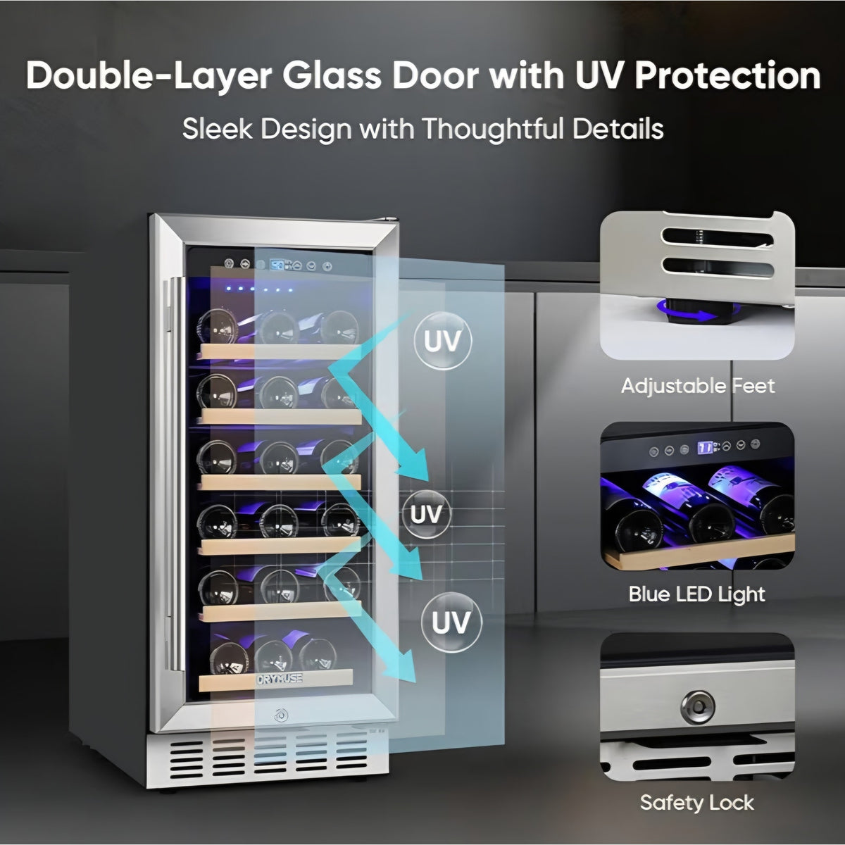 15 Inch Wine Cooler Under Counter, 30 Bottle Wine Fridge with Stainless Steel Glass Door