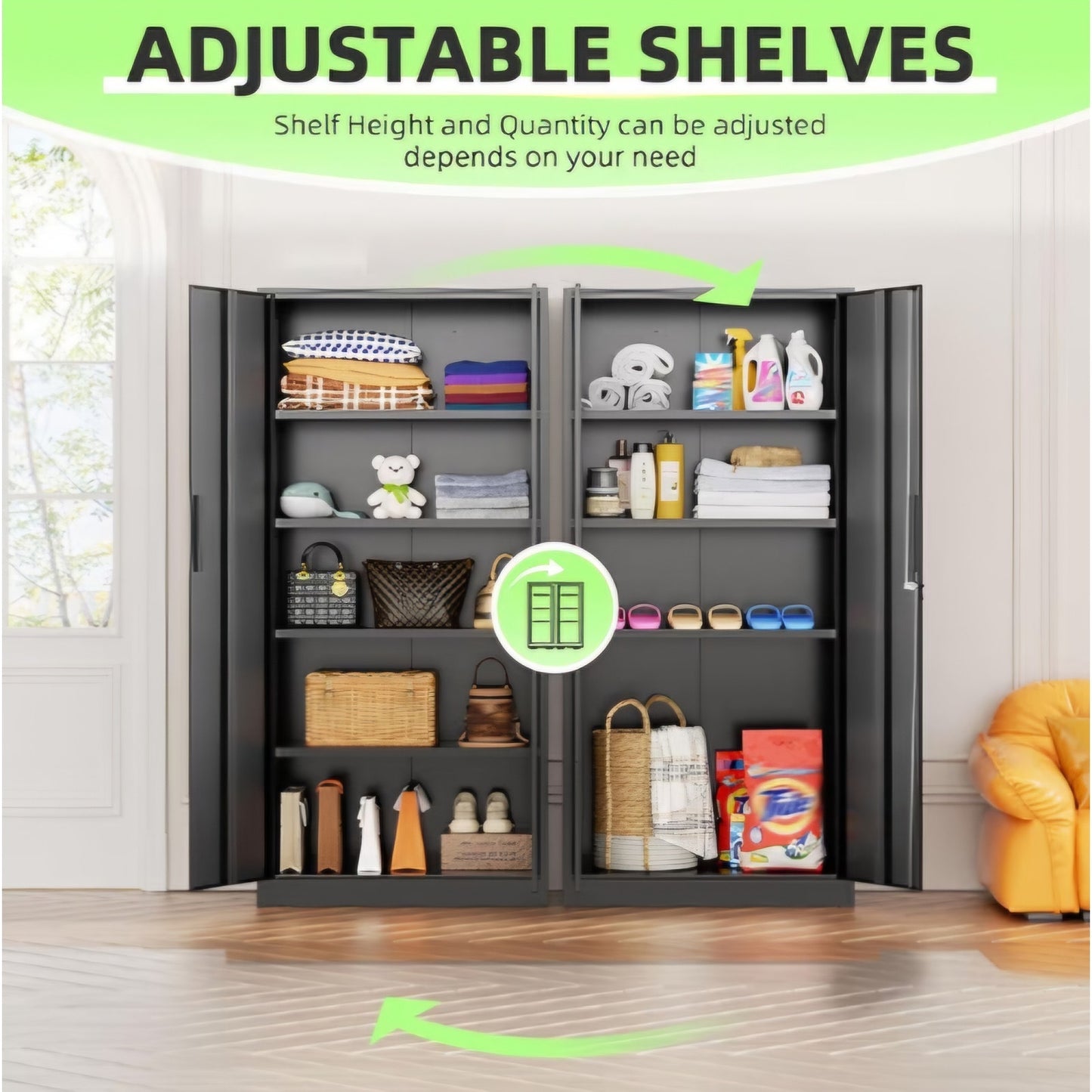 Black Metal Storage Cabinet, 72" Locking Steel Cabinets with 2 Door and 4 Adjustable Shelves