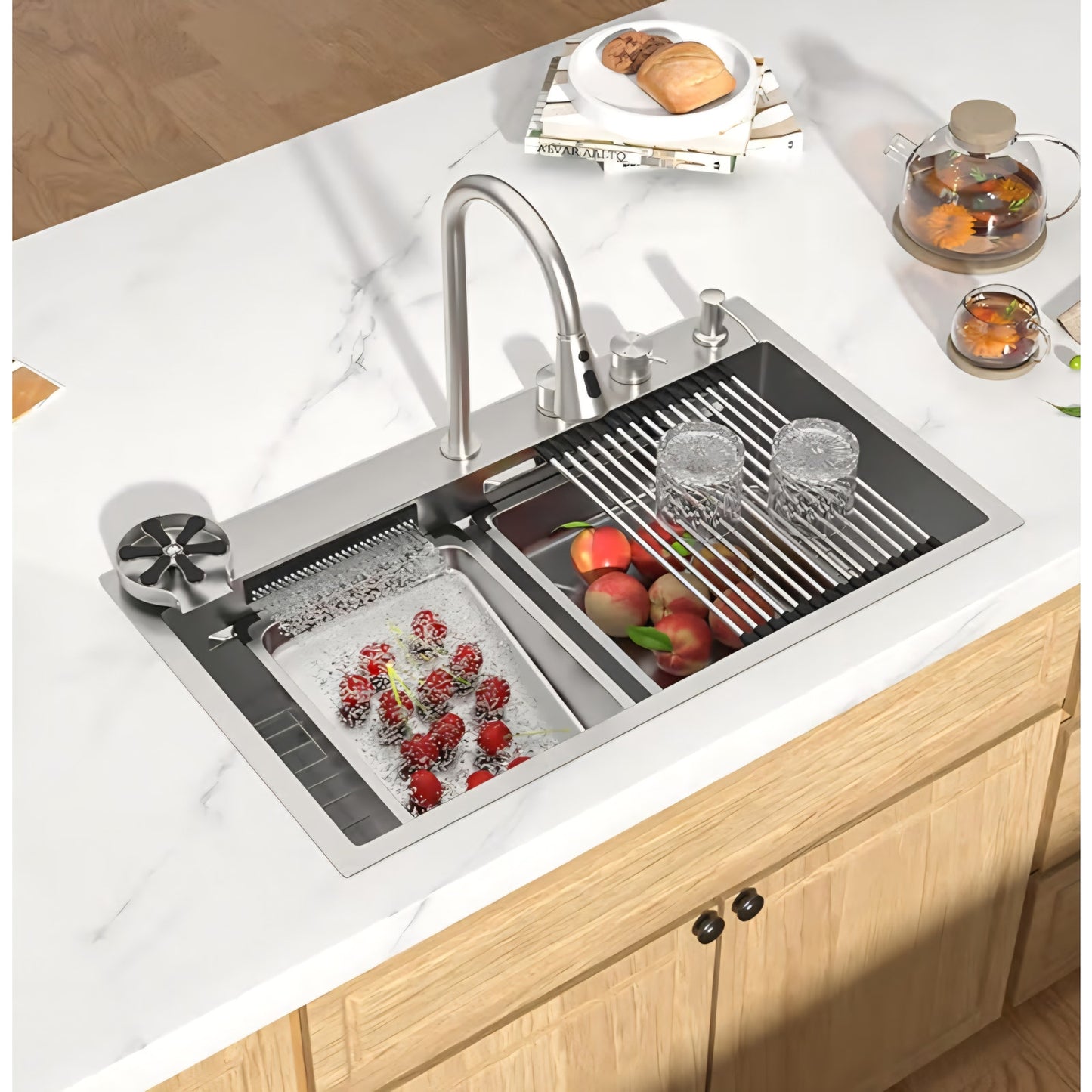 33 Inch Luxury Waterfall Kitchen Sink - Drop In Smart Kitchen Sink 33x22 Multifunctional Workstatio