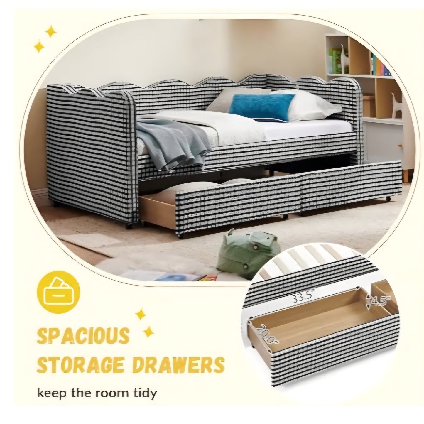 Twin Size Upholstered Daybed with 2 Storage Drawers, Gingham Daybed with USB Ports for Bedroom