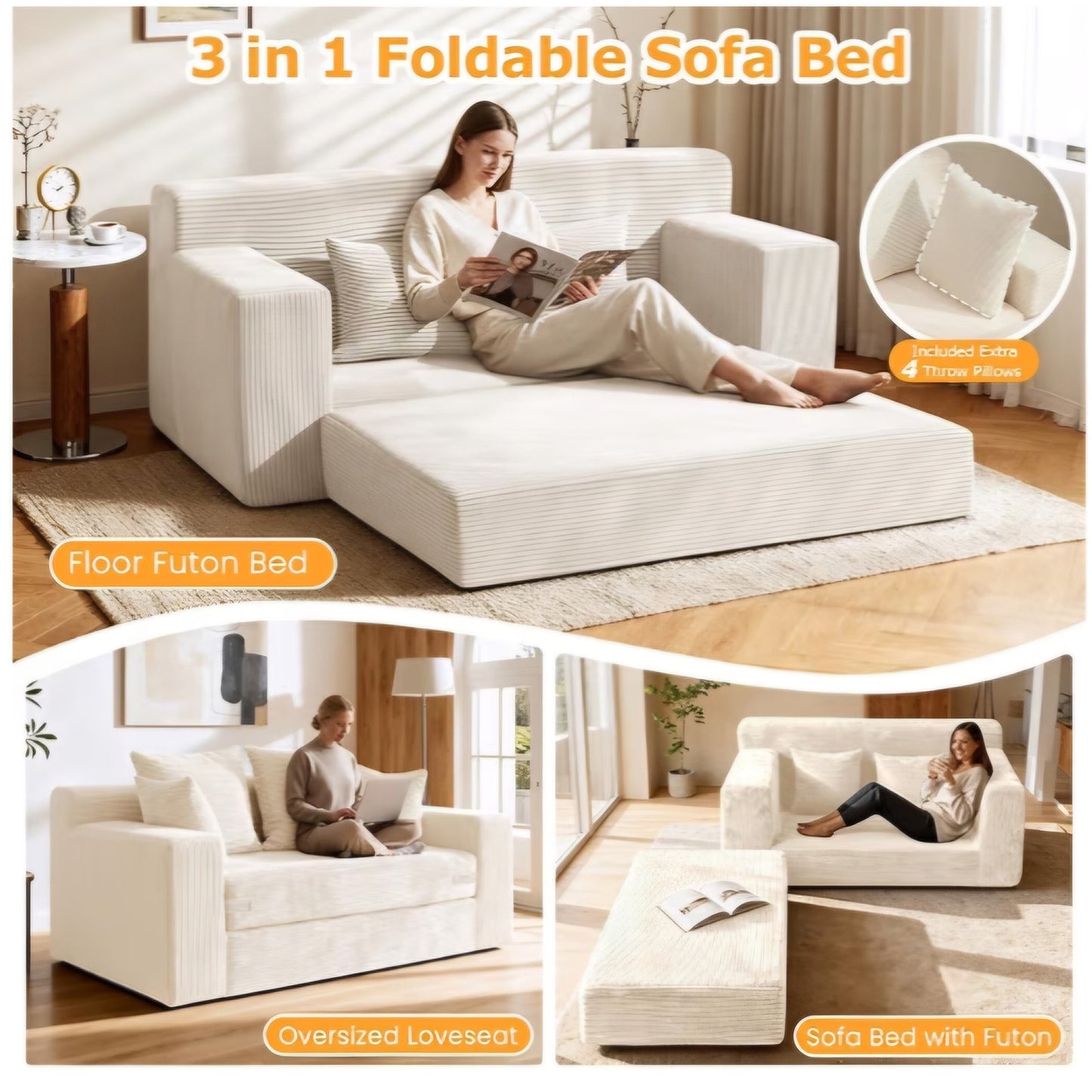 Boneless Loveseat Sleeper Sofa Bed, 3-in-1 Convertible Sofa Bed and Futon Couch with 4 Pillows