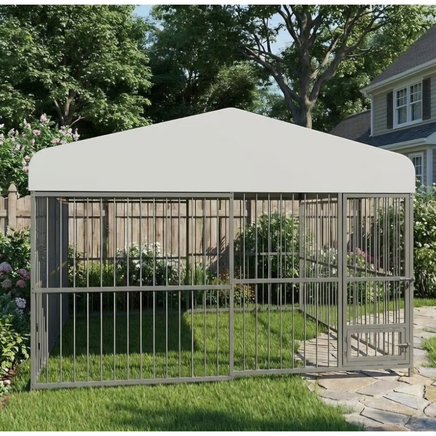 10 x 10FT Large Dog Kennel, Heavy Duty Metal Outdoor Dog Kennel, Outside Dog Playpen with Roof