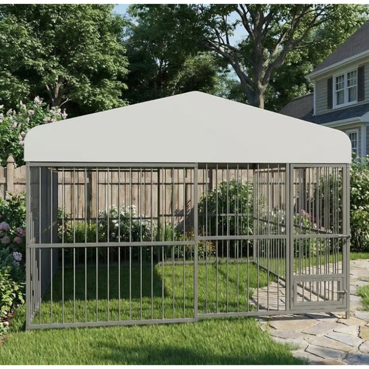 10 x 10FT Large Dog Kennel, Heavy Duty Metal Outdoor Dog Kennel, Outside Dog Playpen with Roof