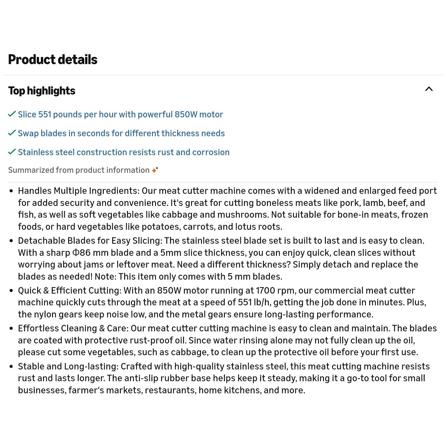 850W Meat Slicer, Commercial Meat Cutting Machine, Stainless Steel, 5 mm Thickness, Detachable