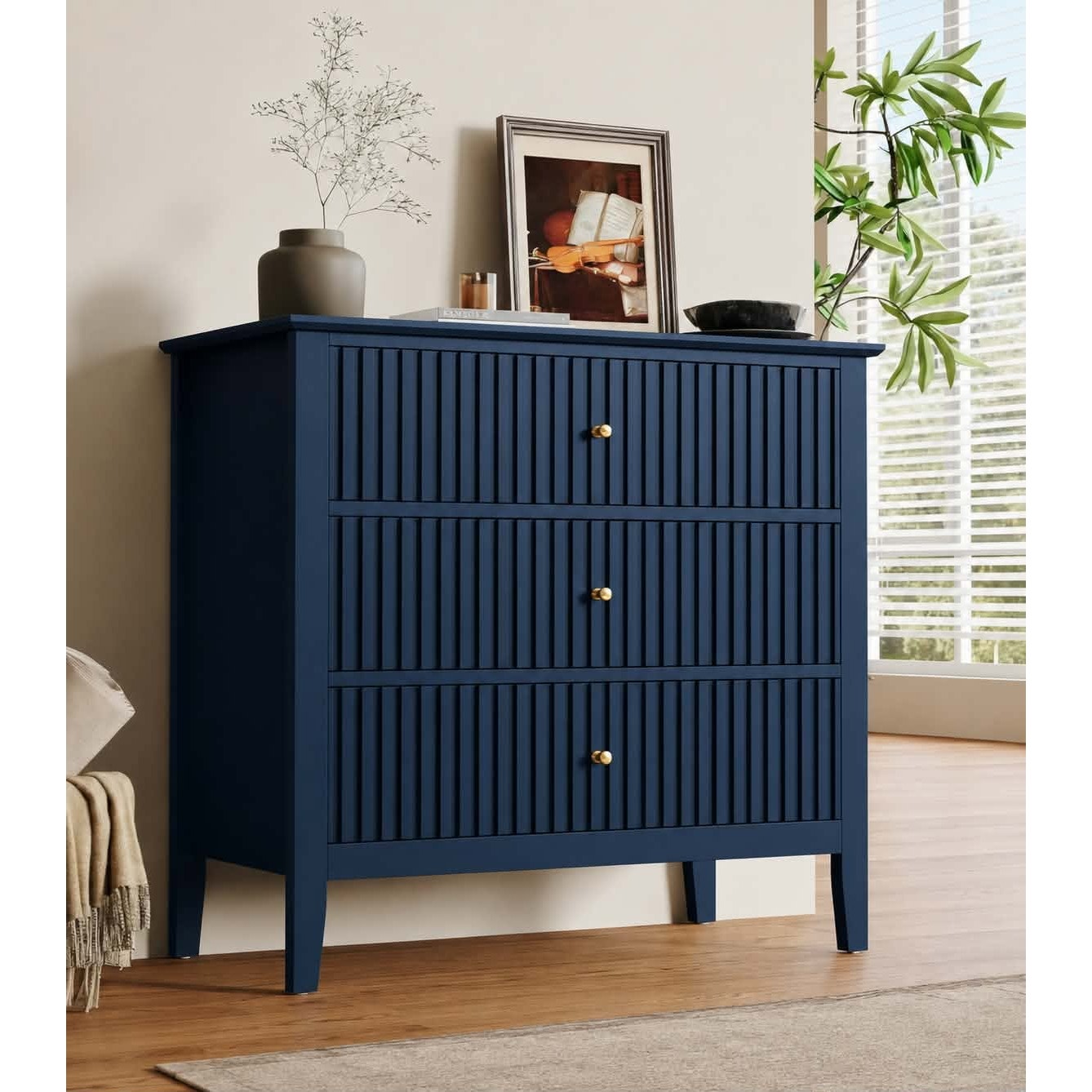 RoyalCraft 32" Large Nightstand, Fluted Painted Bedside Table with 3 Spacious Drawers