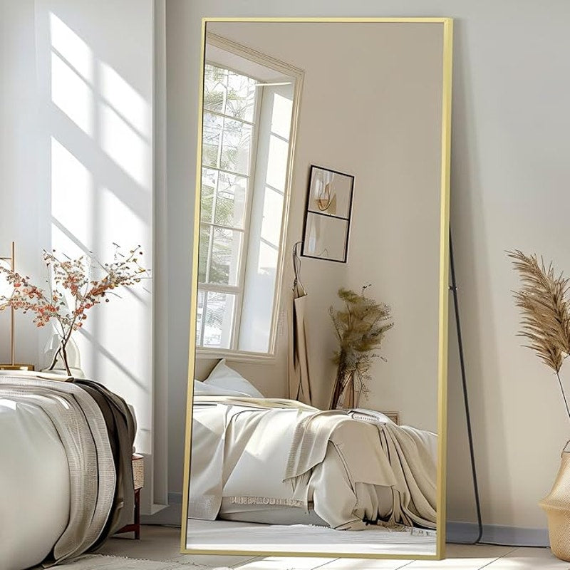 Full Length Mirror, 76"x34" Oversized Floor, Free Standing, Gold, Tempered Glass, Large Full Body