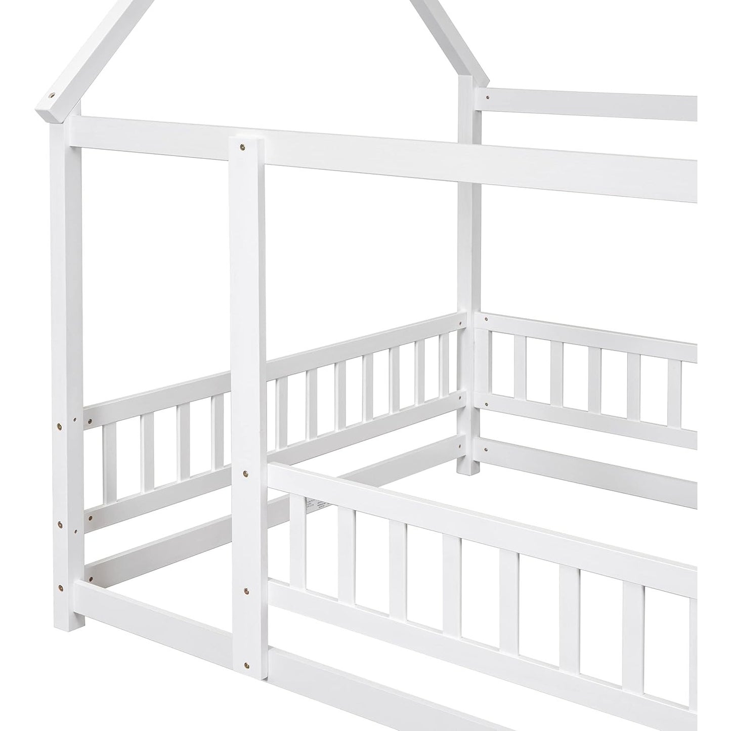 Bellemave Full Size House Floor Bed,Wooden, with Fence and Roof for Kids,(White)79.5"Lx60"W x73.8"H