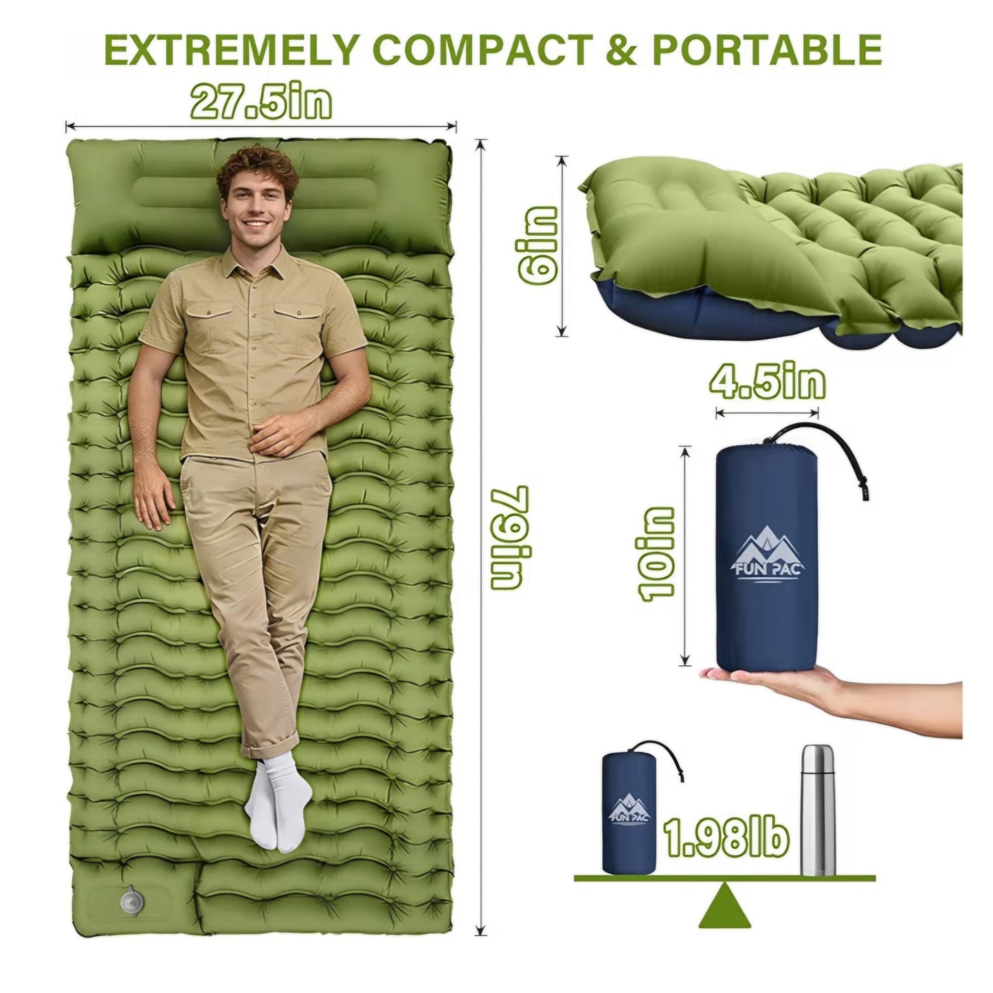 FUN PAC Camping Sleeping Pad, Ultralight Camping Mat with Pillow