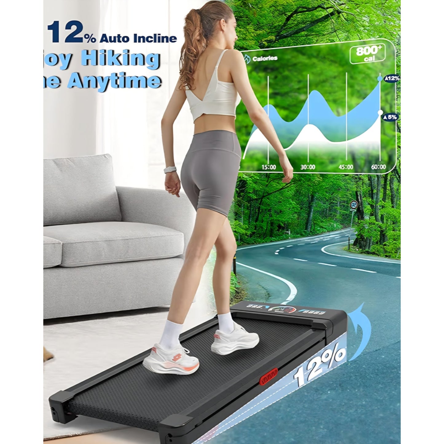 Walking Pad Treadmill with 12% 9-Level Auto Incline, 450 lbs Capacity RGB LED Screen, Bluetooth