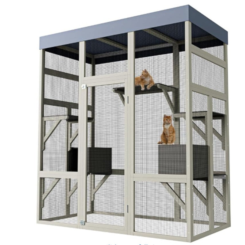 70" Large Outdoor Catio Cat Enclosure, Wood Cat Patio with Waterproof UV-Resistant Roof